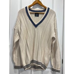 Mens Vintage Janzen Cream Navy Striped V Neck Knit Sweater Sz Large Made in USA